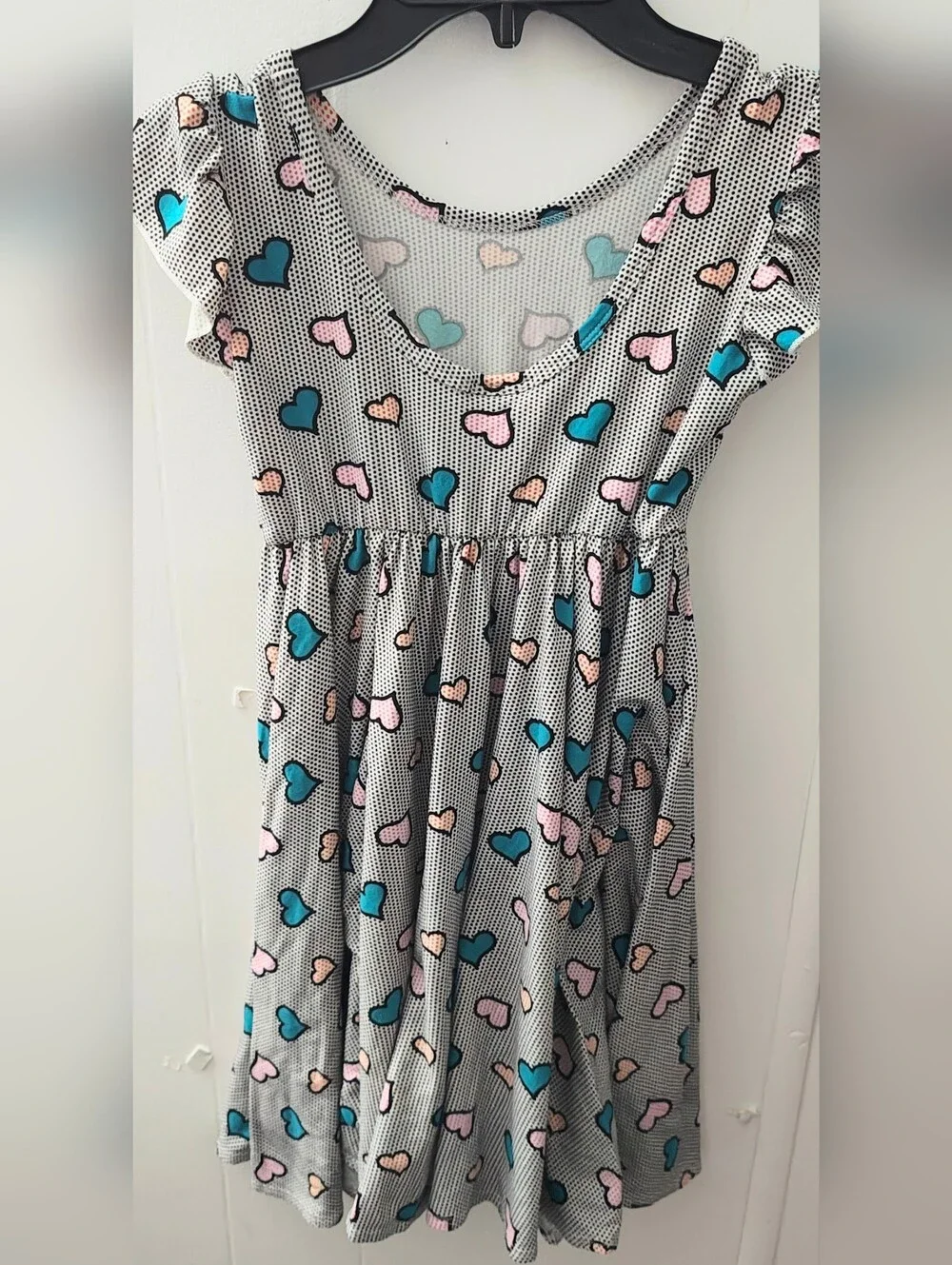Girls' Polka Dot & Heart-Print Dress with  Ruffle Sleeve Caps